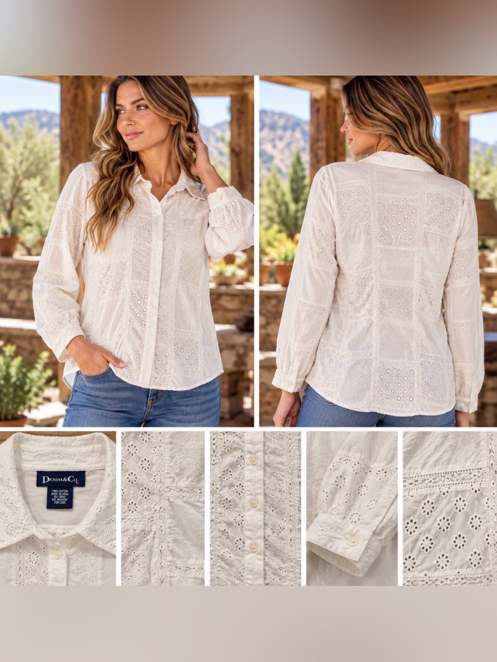 Denim&Co White Eyelet Embroidered Cotton Button-Down